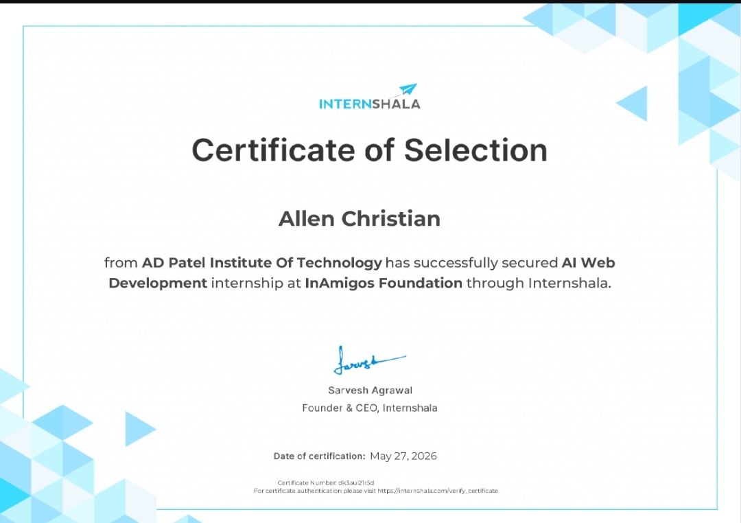 Internshala Certificate of Selection